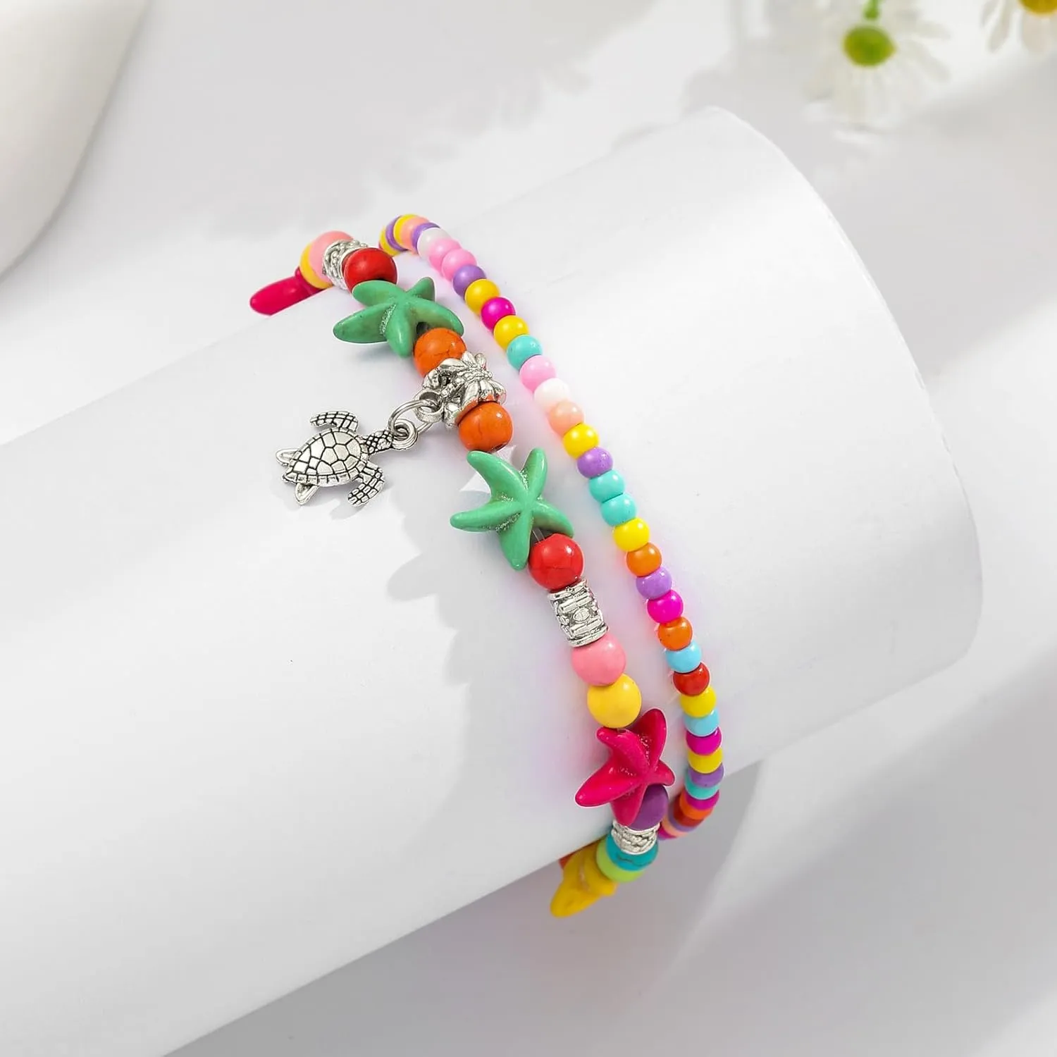 Starain Super Cute Beaded Anklets for Women Handmade Beach Boho Beaded Anklet Layered Bead Turtle Ankle Bracelet 8 inch