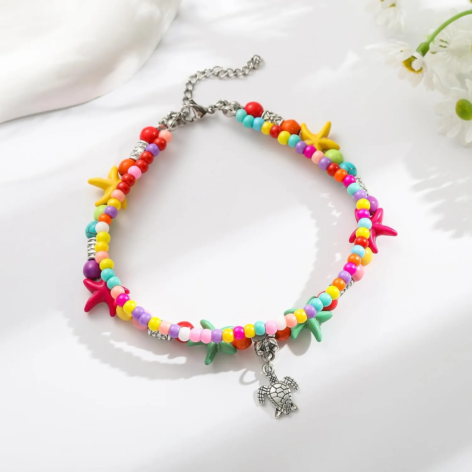 Starain Super Cute Beaded Anklets for Women Handmade Beach Boho Beaded Anklet Layered Bead Turtle Ankle Bracelet 8 inch