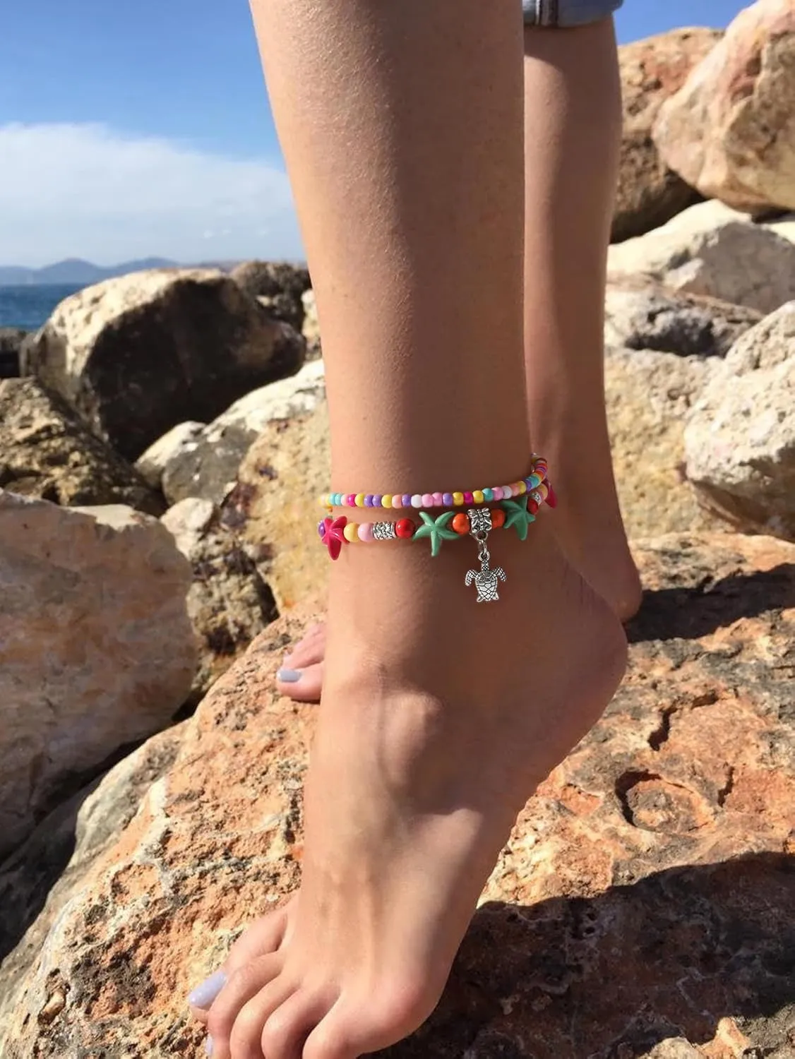 Starain Super Cute Beaded Anklets for Women Handmade Beach Boho Beaded Anklet Layered Bead Turtle Ankle Bracelet 8 inch