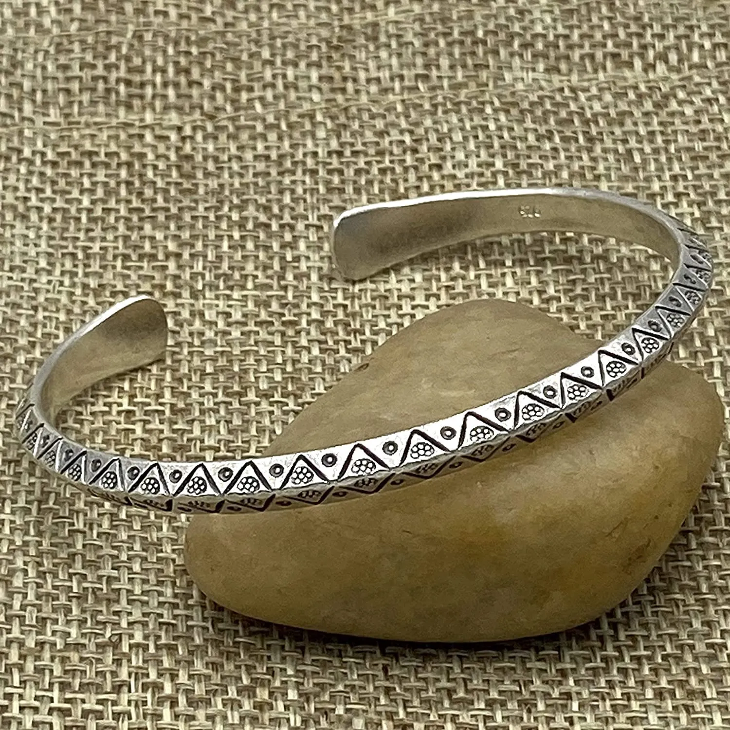 Sterling Silver Boho Slim Cuff Bracelet With Oxidized Geometric Ethnic Pattern Engraving, Handmade Slim Delicate Angular Bangle, adjustable, Gift for Her