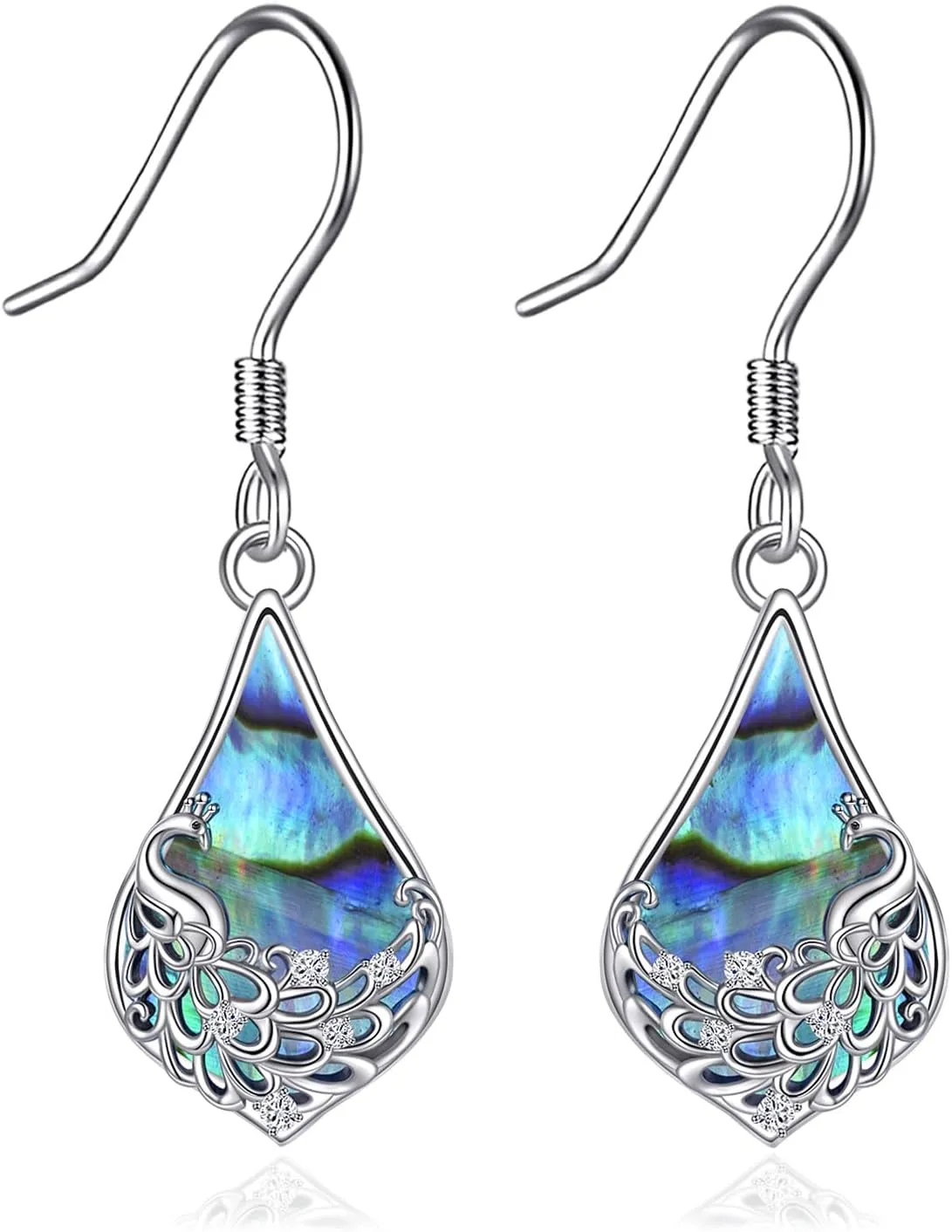 Sterling Silver Peacock Dangle Earrings - Abalone Drop Earrings - Peacock Jewelry Gifts For Women and Girls