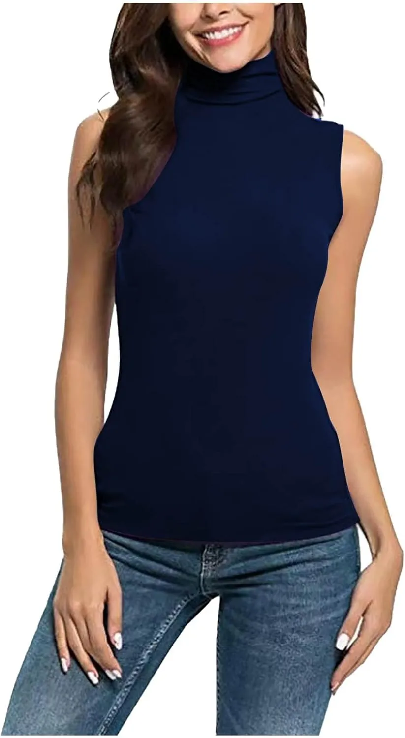 Summer Tops 2025 Womens Mock Tank Tops Plus Size Fitted Stretch Turtleneck Sleeveless Undershirts Casual Dressy Blouse