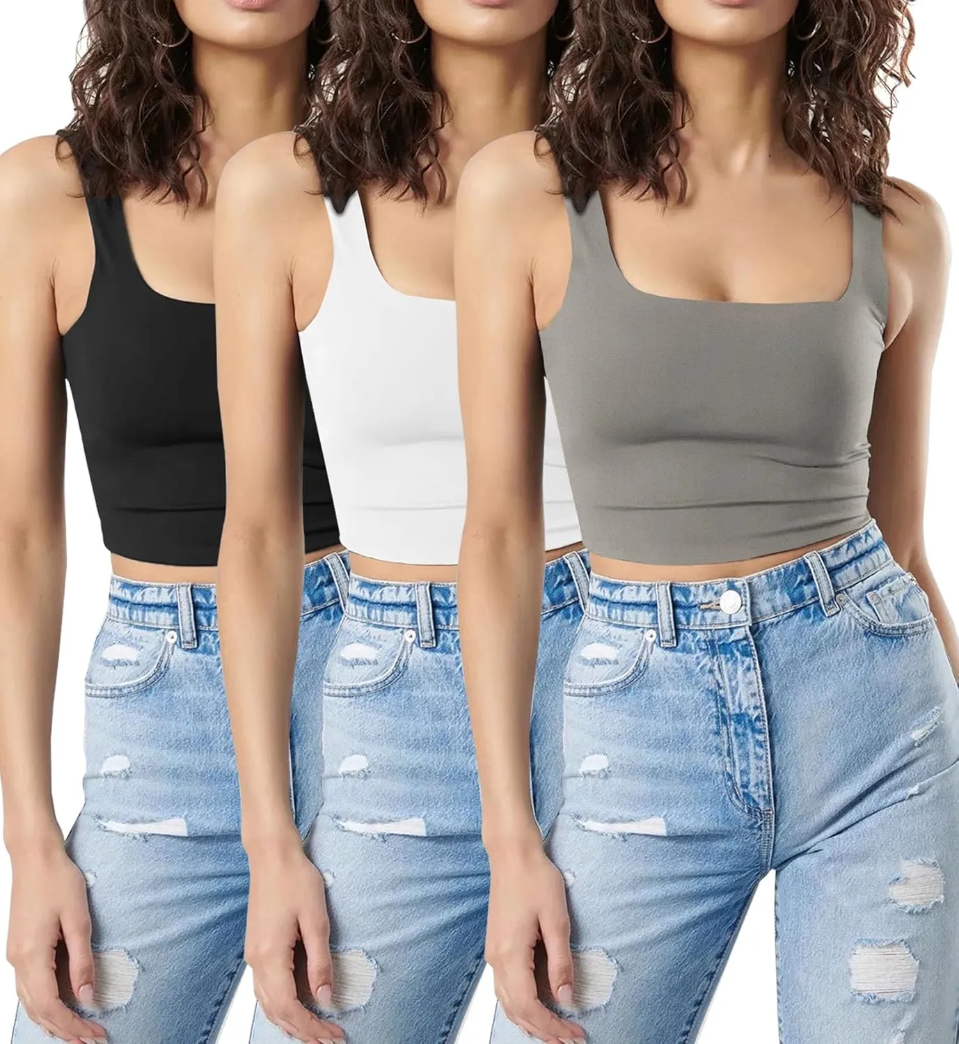 SUNDELL 3 Pack Crop Tank Tops for Women Casual Sleeveless Crop Tops Double Layer Cropped Yoga Workout Tops