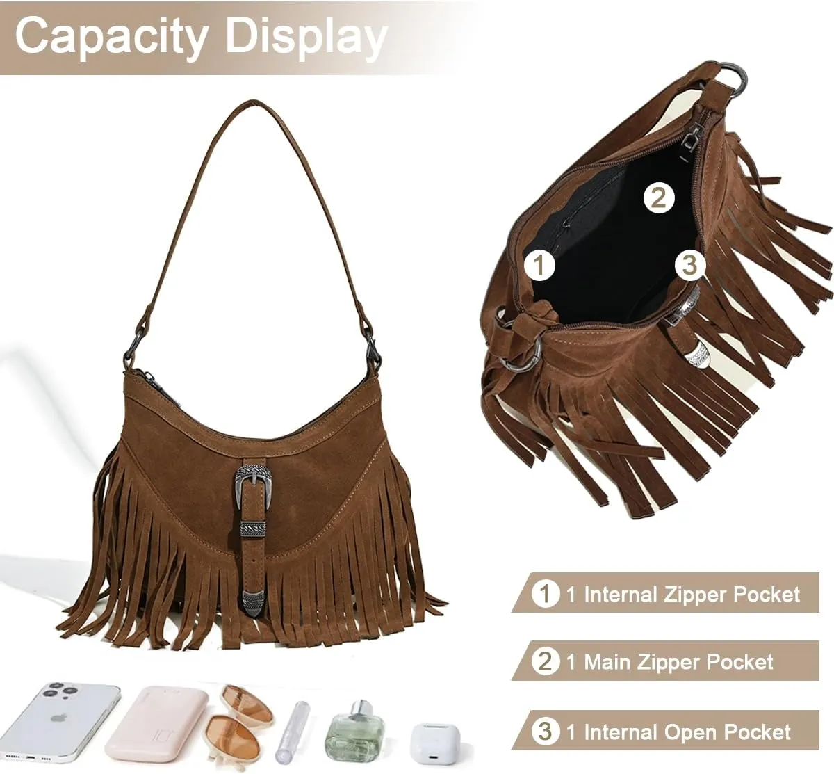 Sunwel Fashion Women Western Small Fringe Underarm Purse Shoulder Bag Vegan Suede Hippie Crossbody Bag with Tassel