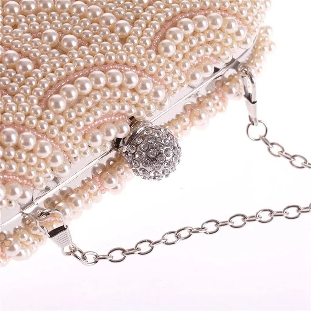 Two Side Beaded Women Day Clutch Evening Bags with Chain Shoulder Handbags Pearl Diamonds Wedding Purse(C)