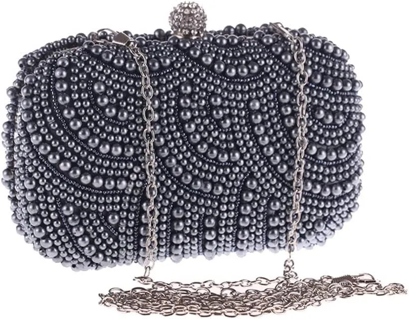 Two Side Beaded Women Day Clutch Evening Bags with Chain Shoulder Handbags Pearl Diamonds Wedding Purse(C)
