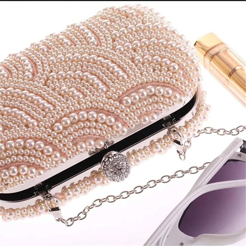 Two Side Beaded Women Day Clutch Evening Bags with Chain Shoulder Handbags Pearl Diamonds Wedding Purse(C)