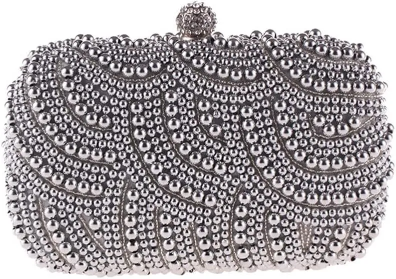 Two Side Beaded Women Day Clutch Evening Bags with Chain Shoulder Handbags Pearl Diamonds Wedding Purse(C)