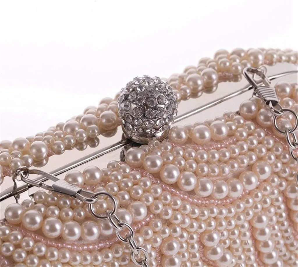 Two Side Beaded Women Day Clutch Evening Bags with Chain Shoulder Handbags Pearl Diamonds Wedding Purse(C)