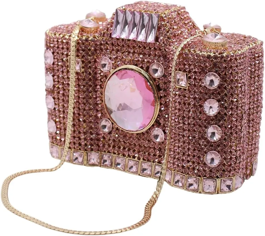 UMREN Novelty Crystal Camera Shaped Clutch Purse for Women Sparkly Rhinestones Evening Clutch Bag Glitter Bridal Prom Handbag