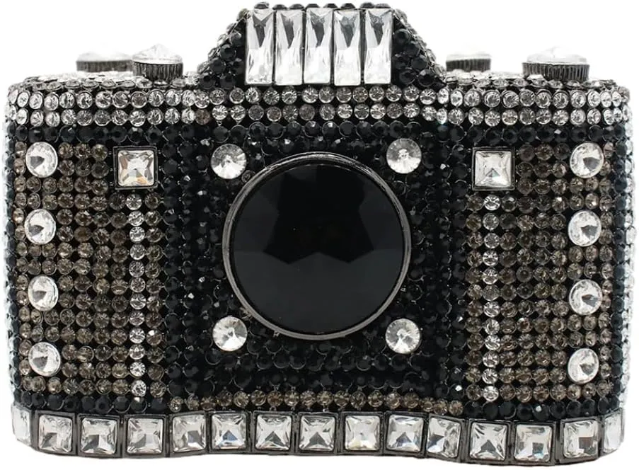 UMREN Novelty Crystal Camera Shaped Clutch Purse for Women Sparkly Rhinestones Evening Clutch Bag Glitter Bridal Prom Handbag