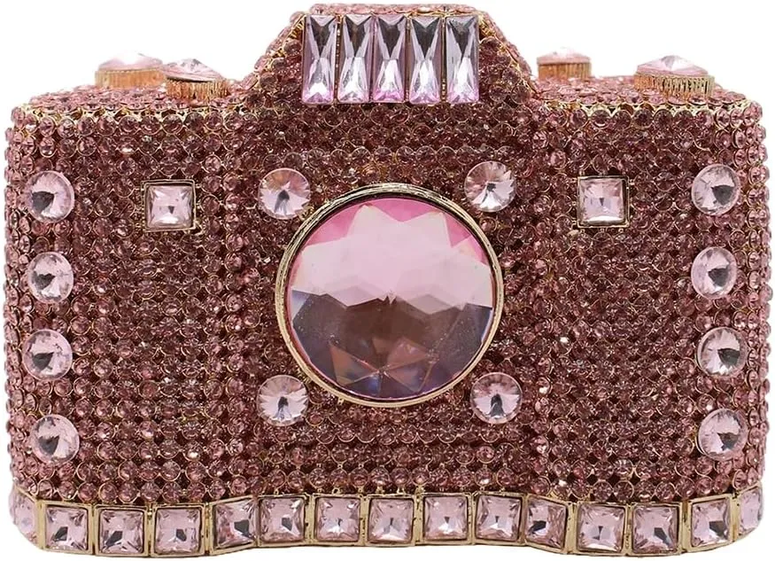 UMREN Novelty Crystal Camera Shaped Clutch Purse for Women Sparkly Rhinestones Evening Clutch Bag Glitter Bridal Prom Handbag