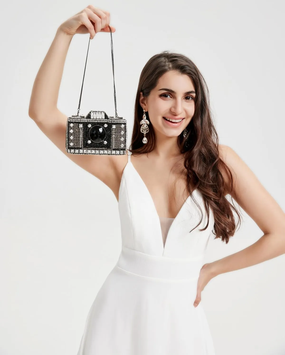 UMREN Novelty Crystal Camera Shaped Clutch Purse for Women Sparkly Rhinestones Evening Clutch Bag Glitter Bridal Prom Handbag
