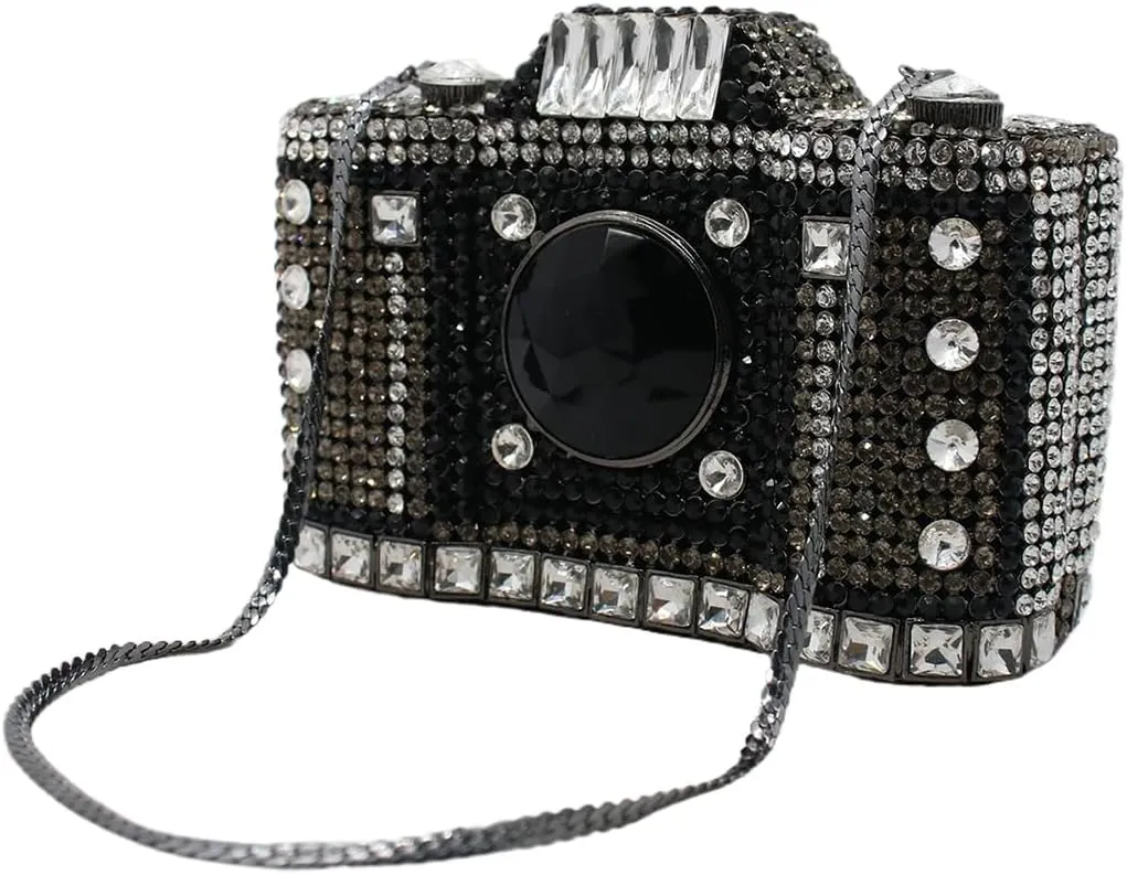 UMREN Novelty Crystal Camera Shaped Clutch Purse for Women Sparkly Rhinestones Evening Clutch Bag Glitter Bridal Prom Handbag