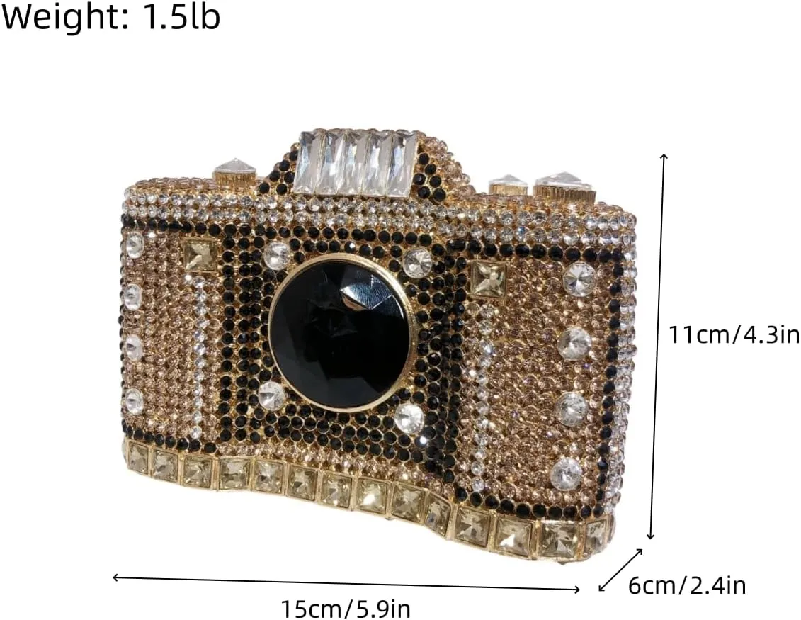 UMREN Novelty Crystal Camera Shaped Clutch Purse for Women Sparkly Rhinestones Evening Clutch Bag Glitter Bridal Prom Handbag