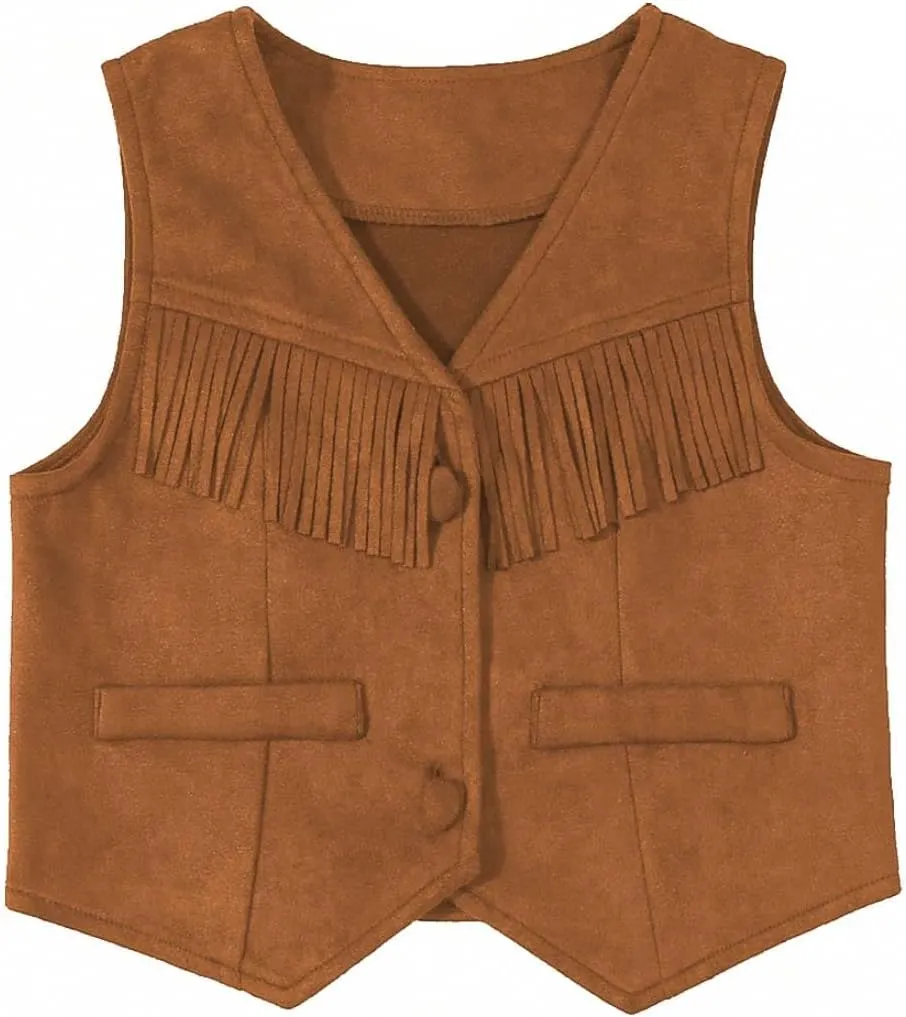 Verdusa Girl's Fringe Crop Vest Button Front Sleeveless Boho Tassels Jacket