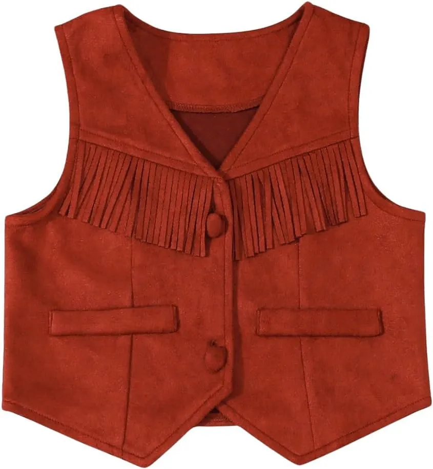 Verdusa Girl's Fringe Crop Vest Button Front Sleeveless Boho Tassels Jacket