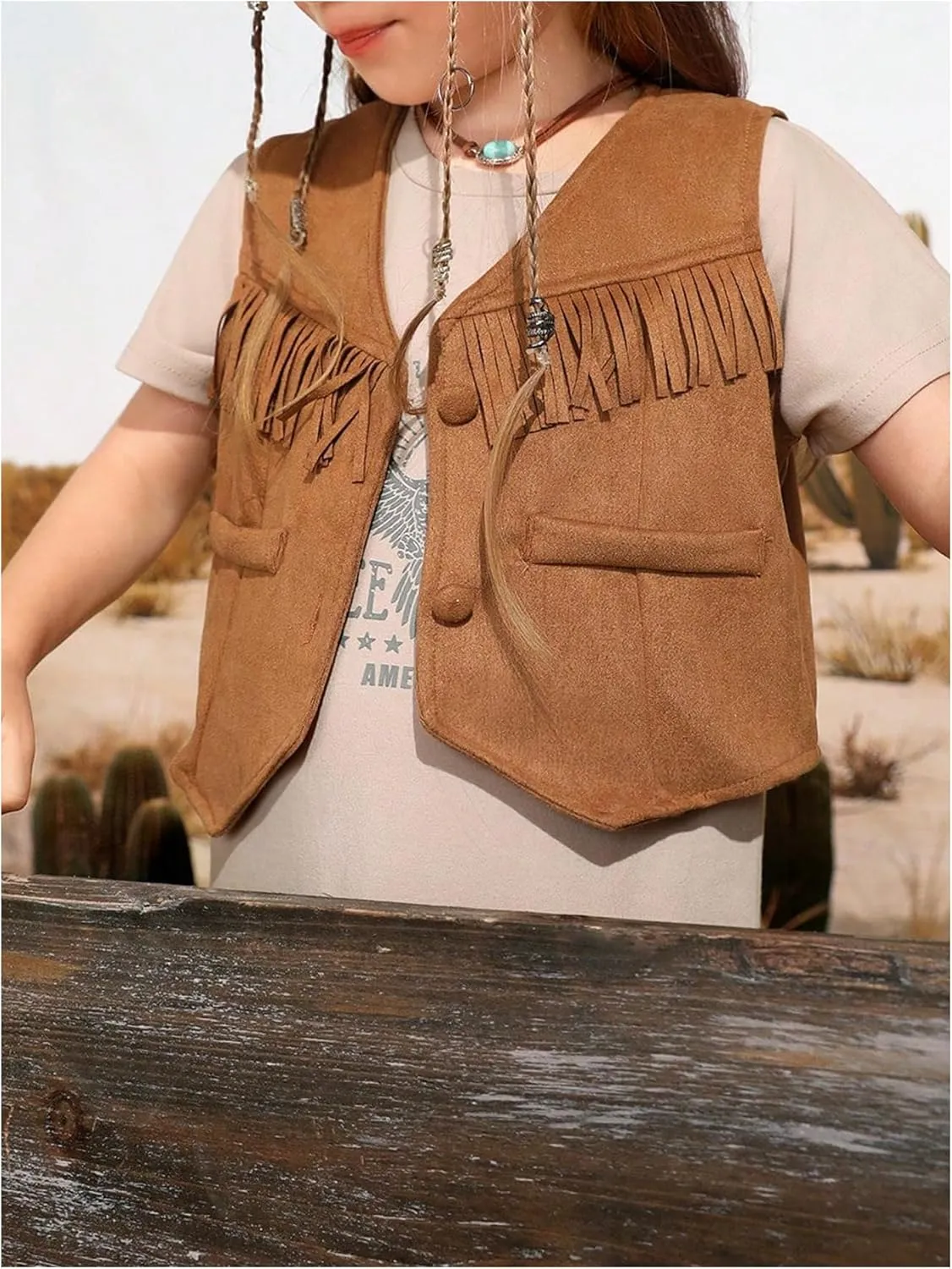 Verdusa Girl's Fringe Crop Vest Button Front Sleeveless Boho Tassels Jacket
