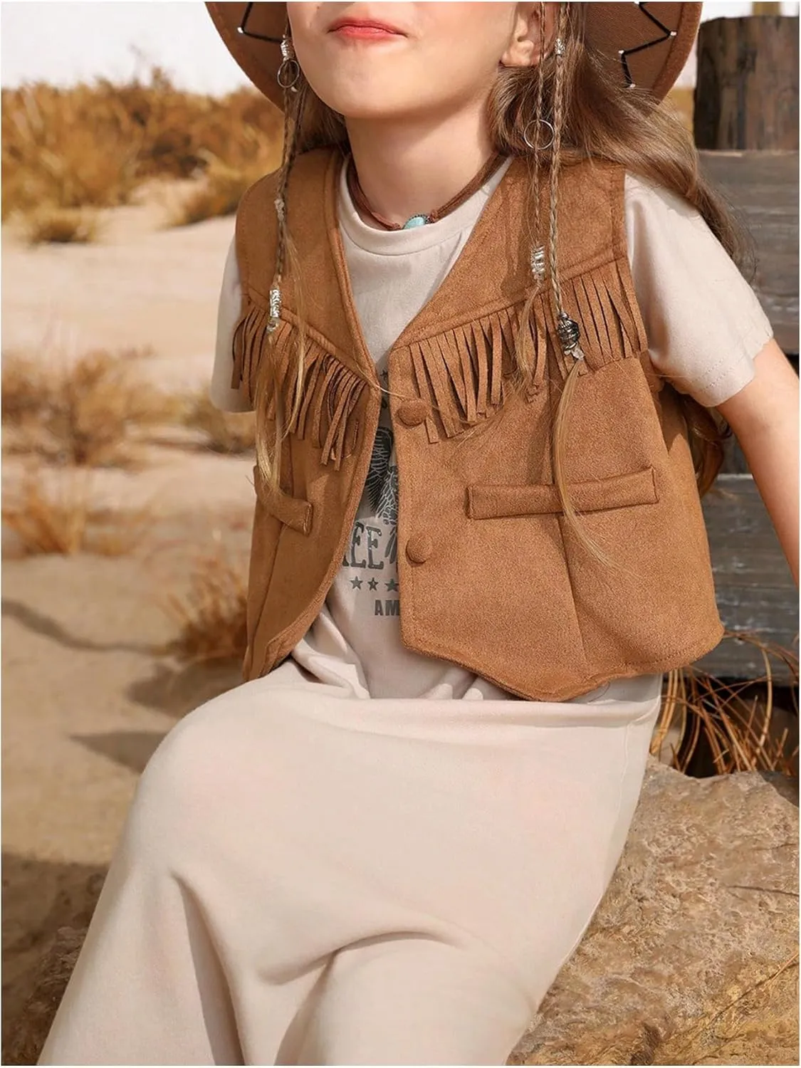 Verdusa Girl's Fringe Crop Vest Button Front Sleeveless Boho Tassels Jacket