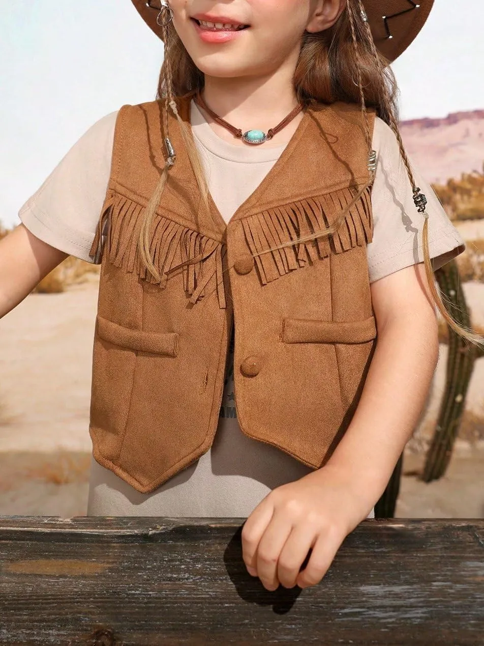Verdusa Girl's Fringe Crop Vest Button Front Sleeveless Boho Tassels Jacket