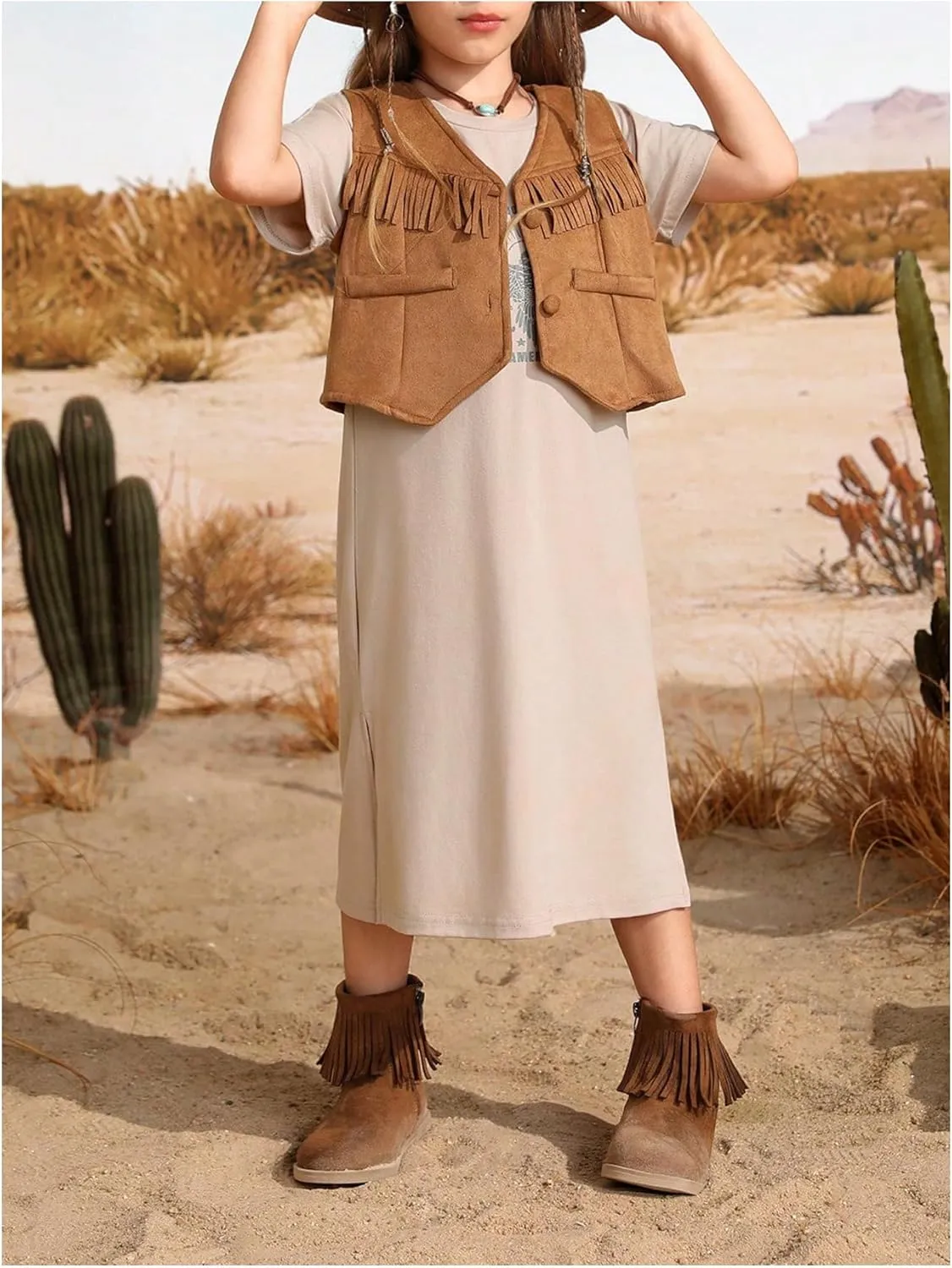 Verdusa Girl's Fringe Crop Vest Button Front Sleeveless Boho Tassels Jacket