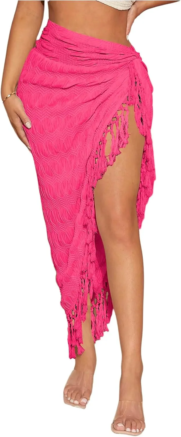 Verdusa Women's Twist High Split Fringe Skirt High Waist Asymmetrical Long Skirt