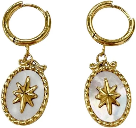 Vintage Oval White Shell Star Huggie Small Hoop Earrings for Women 18k Gold Plated Stainless Steel Delicate Chic Hoops Geometric Dangle Drop Wedding Fashion Jewelry for Mother Wife