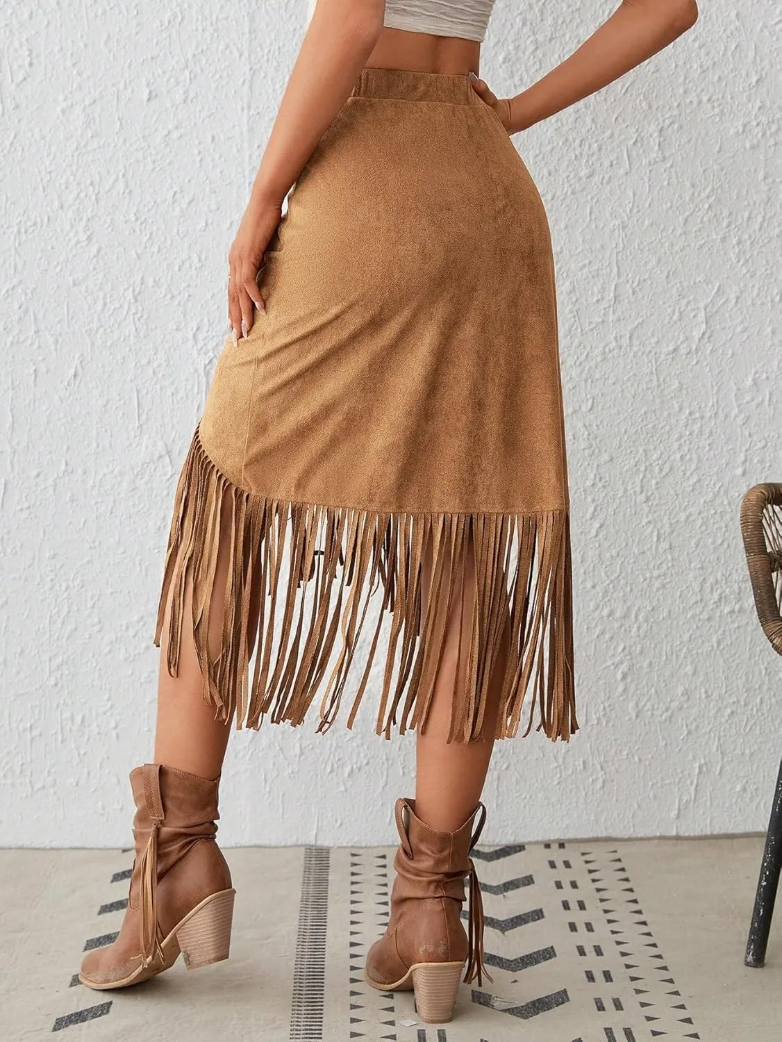 WDIRARA Women's Suede Boho Fringe Trim Midi Skirt High Waisted Asymmetrical Hem Long Skirts