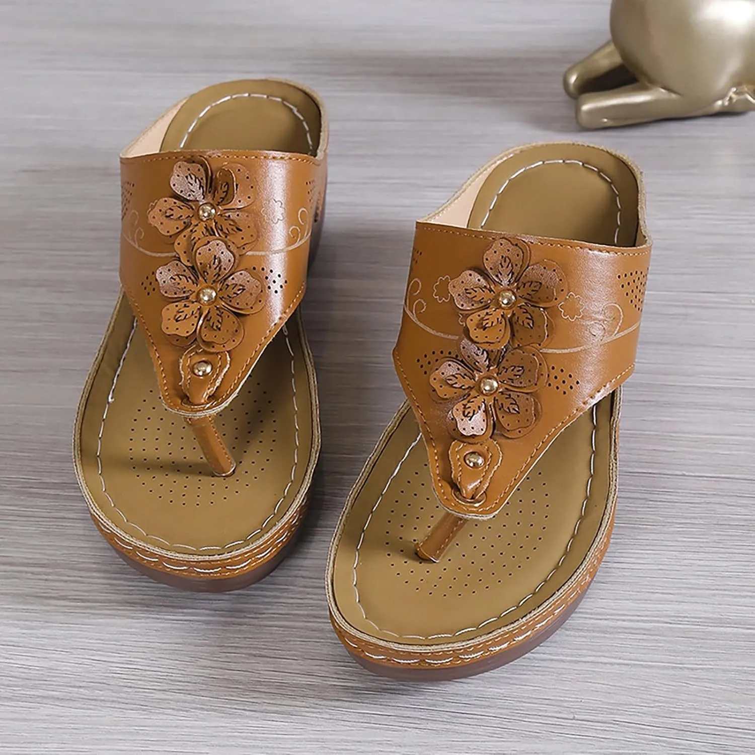Wedge Sandals for Women Dressy Comfortable Double Flowers Orthopedic Walking Platform Wedges Shoes Dressy Summer Casual Beach Bohemian Flip Flops