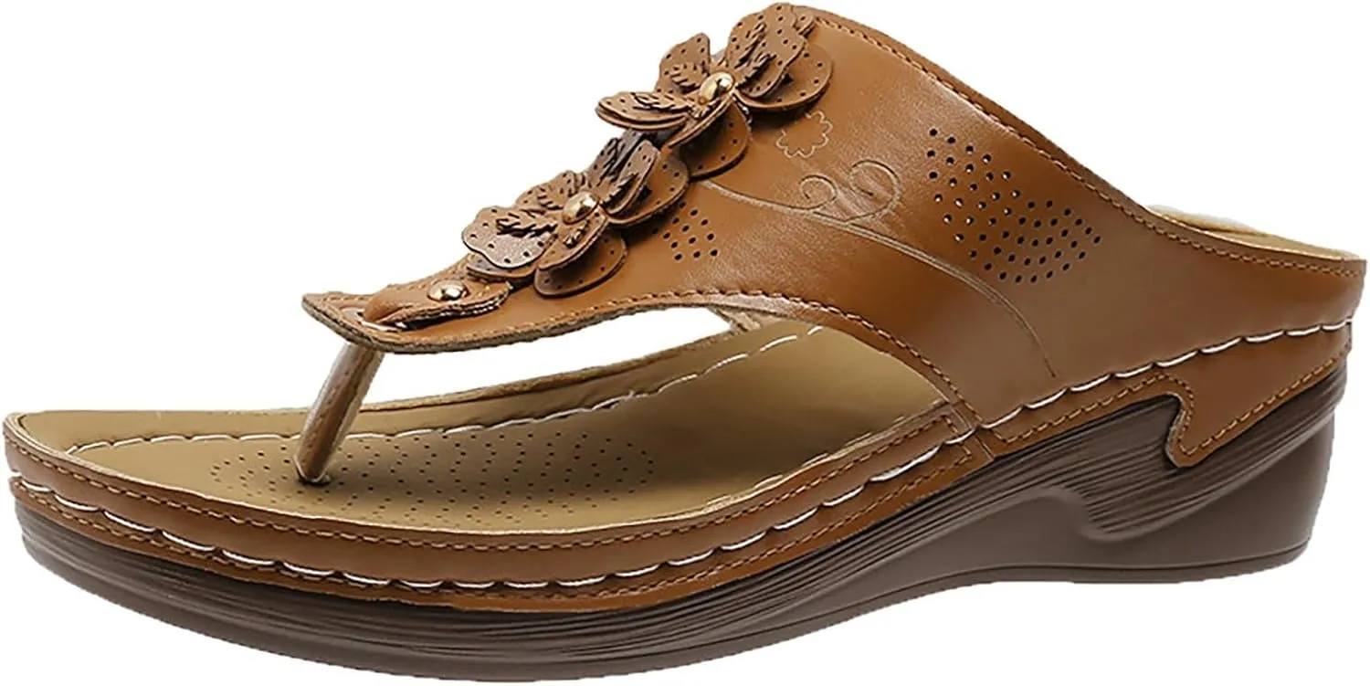 Wedge Sandals for Women Dressy Comfortable Double Flowers Orthopedic Walking Platform Wedges Shoes Dressy Summer Casual Beach Bohemian Flip Flops