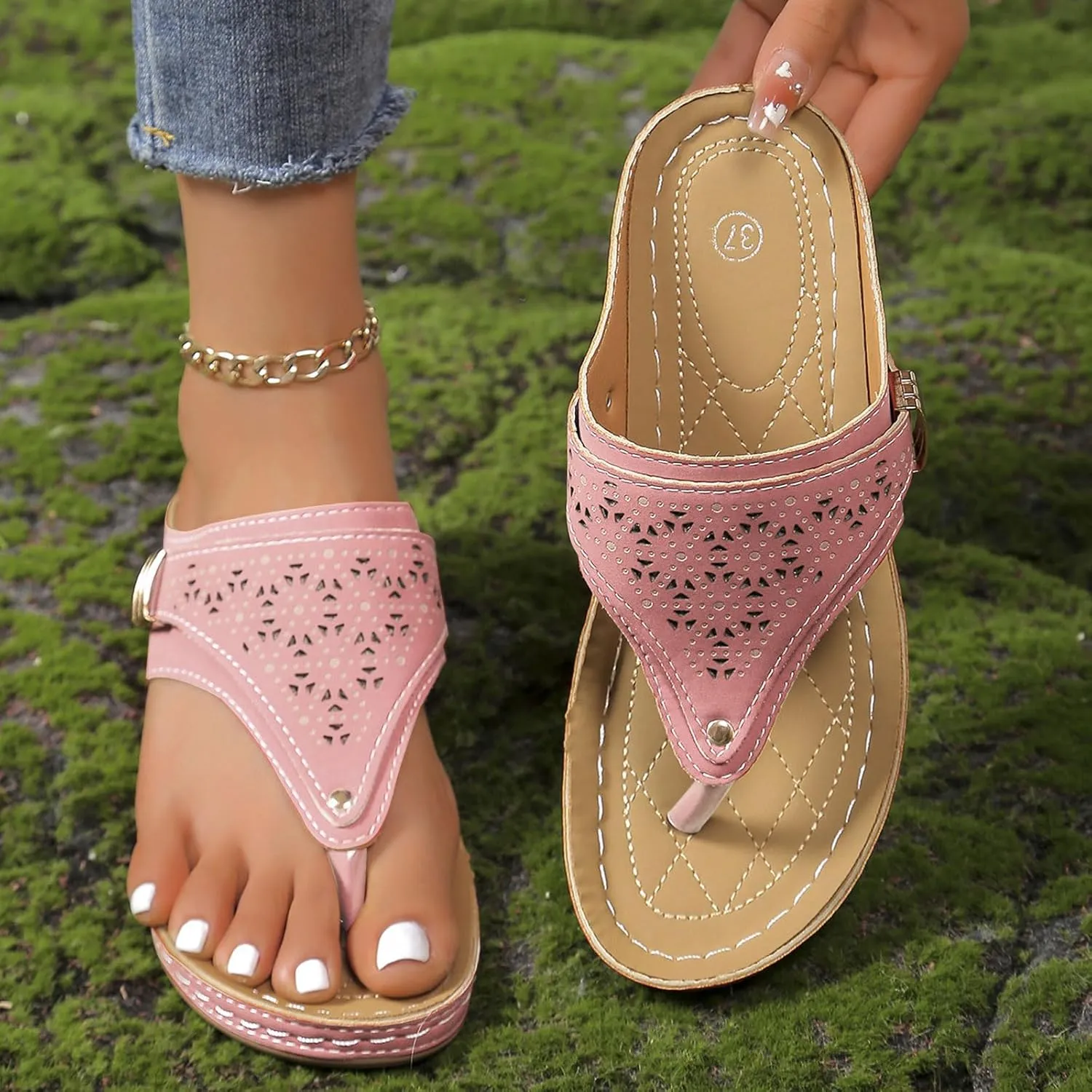 Wedge Sandals for Women Dressy with Arch Support Orthopedic Slip on Comfortable Cushion Footbed Platform Flip Flops Ortho Mesh Hollow Open Toe Beach Waterproof Flip-Flops