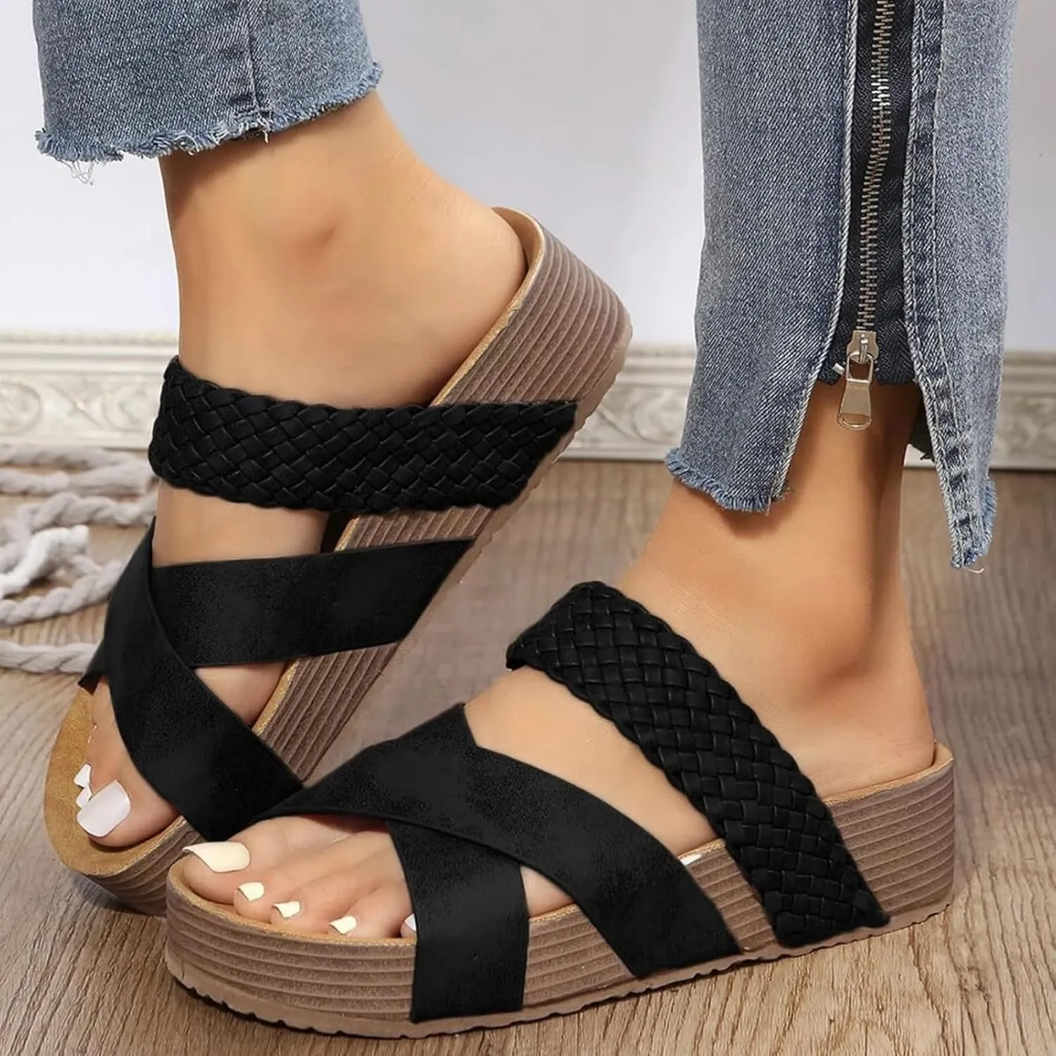 Wedge Sandals for Women Open Toe Flat Sandals with Arch Support Plus Size Cross Platform Slippers Non-Slip Summer Beach Vacation Shoes