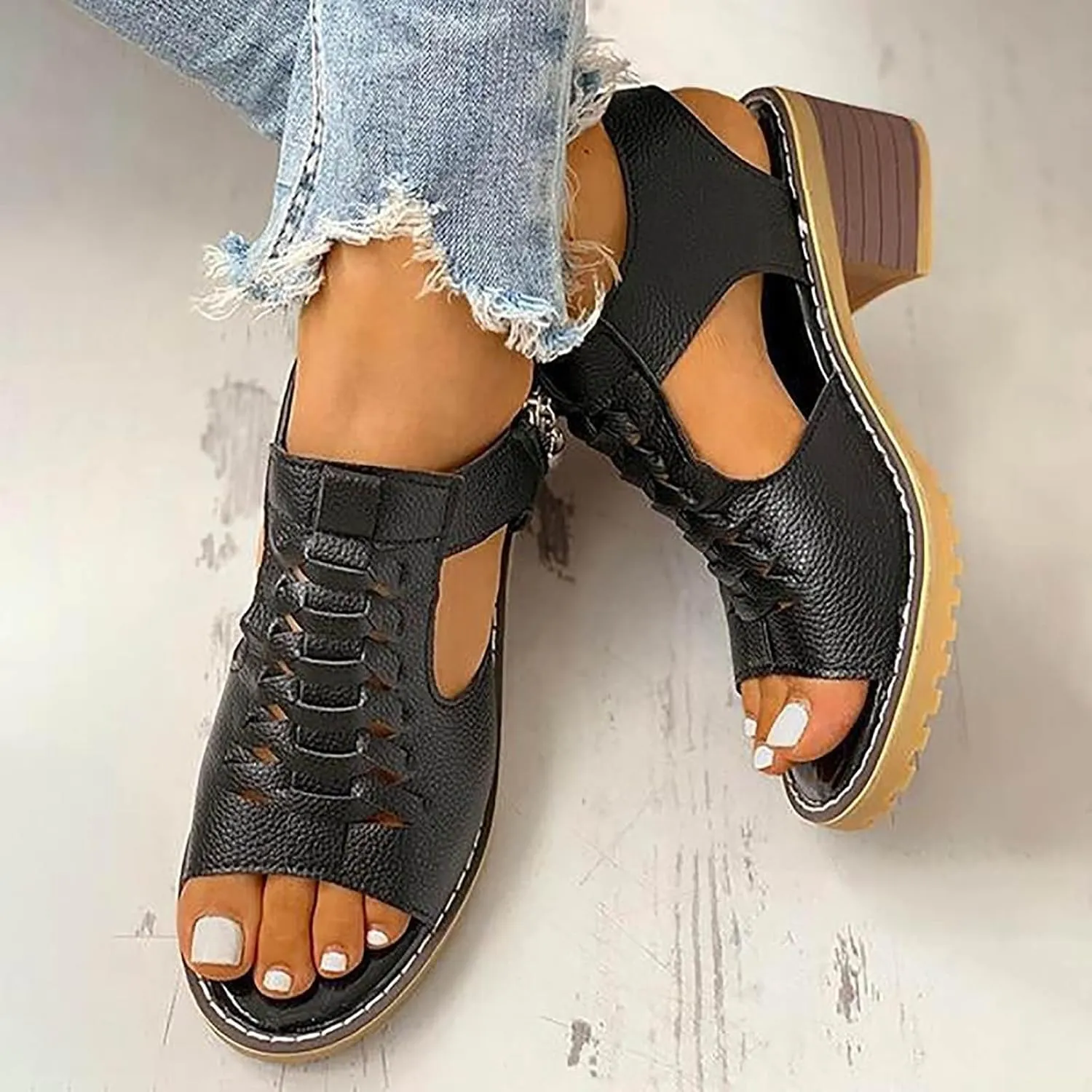 Wedges Sandals for Women Dressy 2025,Orthopedic Sandals for Women Leather Cutout Zipper Chunky Heeled Sandal Fashion Casual Chunky Heel Ankle Strap Fish Mouth Hollow Beach Heel Shoes