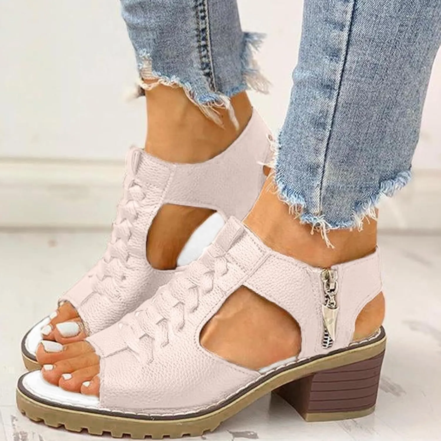 Wedges Sandals for Women Dressy 2025,Orthopedic Sandals for Women Leather Cutout Zipper Chunky Heeled Sandal Fashion Casual Chunky Heel Ankle Strap Fish Mouth Hollow Beach Heel Shoes