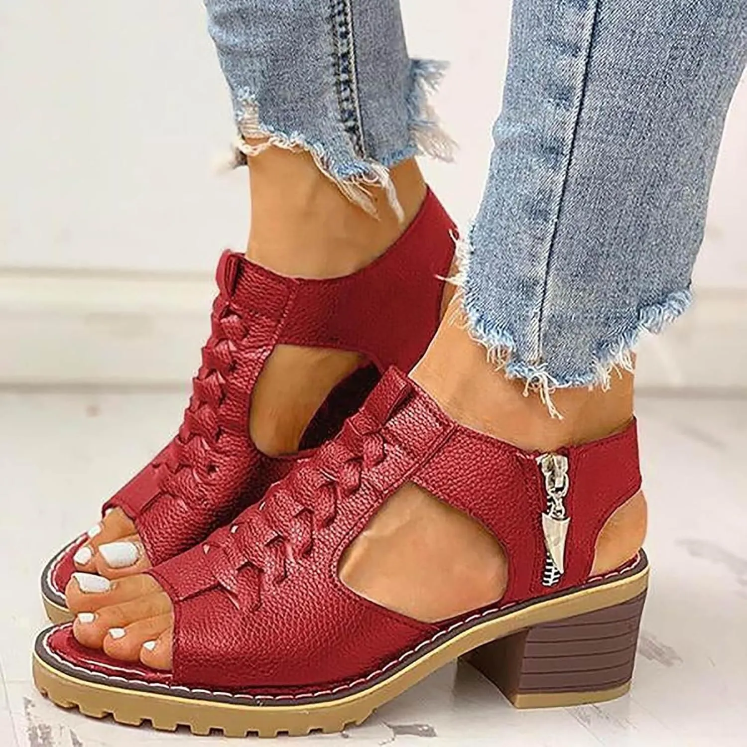 Wedges Sandals for Women Dressy 2025,Orthopedic Sandals for Women Leather Cutout Zipper Chunky Heeled Sandal Fashion Casual Chunky Heel Ankle Strap Fish Mouth Hollow Beach Heel Shoes