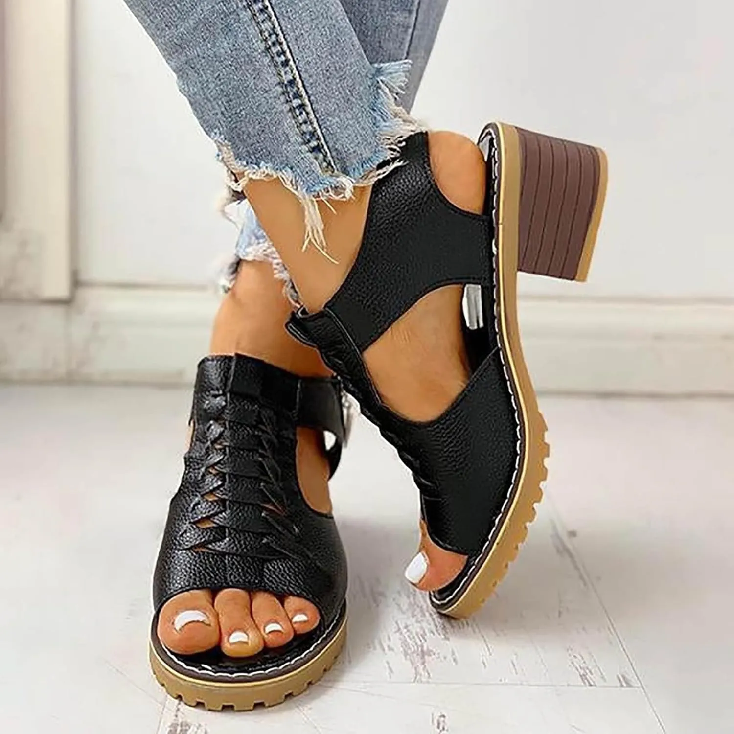Wedges Sandals for Women Dressy 2025,Orthopedic Sandals for Women Leather Cutout Zipper Chunky Heeled Sandal Fashion Casual Chunky Heel Ankle Strap Fish Mouth Hollow Beach Heel Shoes