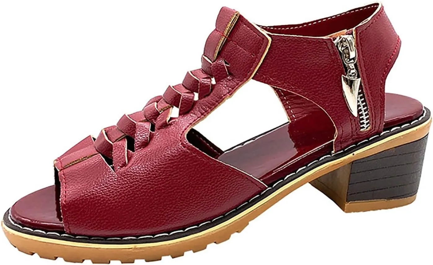 Wedges Sandals for Women Dressy 2025,Orthopedic Sandals for Women Leather Cutout Zipper Chunky Heeled Sandal Fashion Casual Chunky Heel Ankle Strap Fish Mouth Hollow Beach Heel Shoes