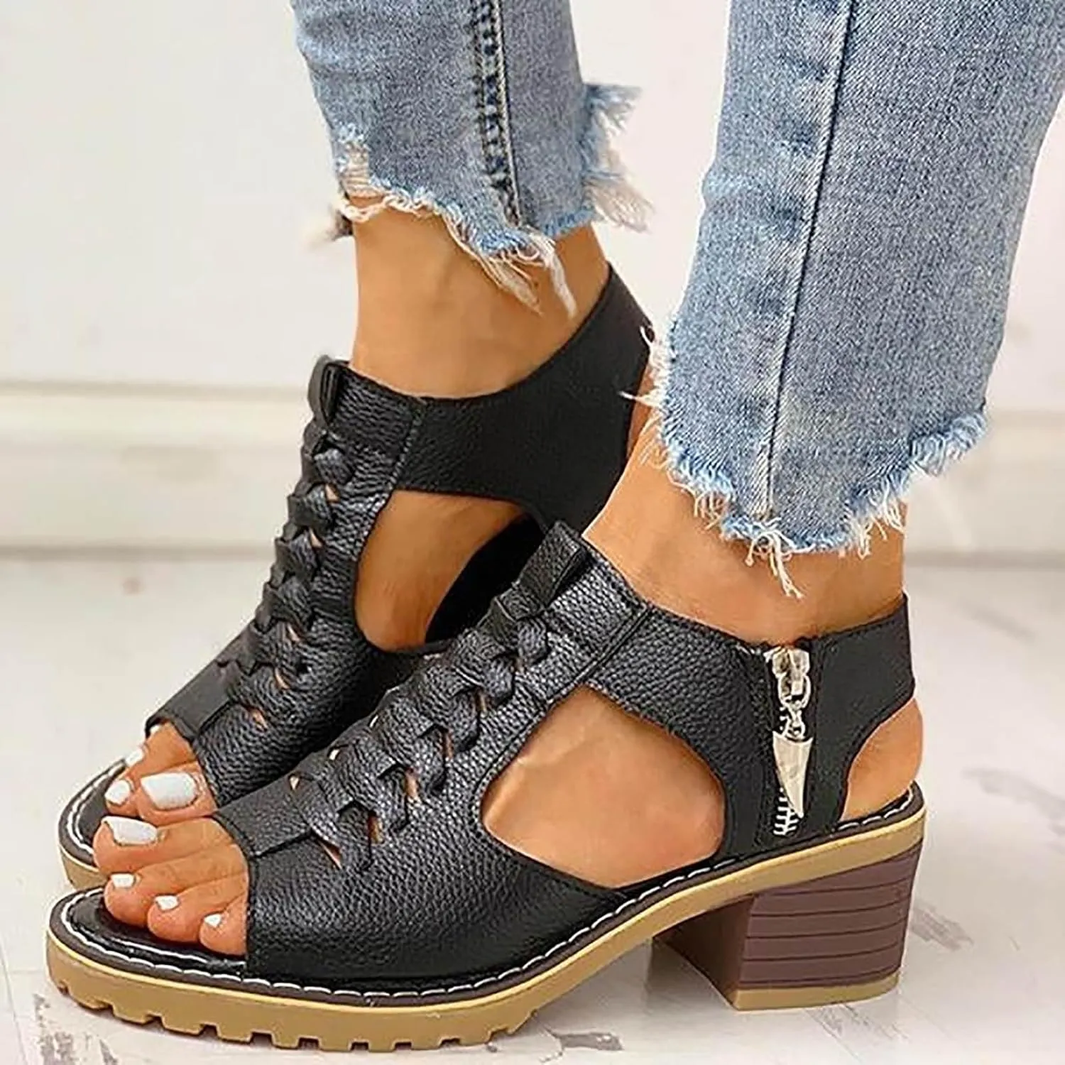 Wedges Sandals for Women Dressy 2025,Orthopedic Sandals for Women Leather Cutout Zipper Chunky Heeled Sandal Fashion Casual Chunky Heel Ankle Strap Fish Mouth Hollow Beach Heel Shoes