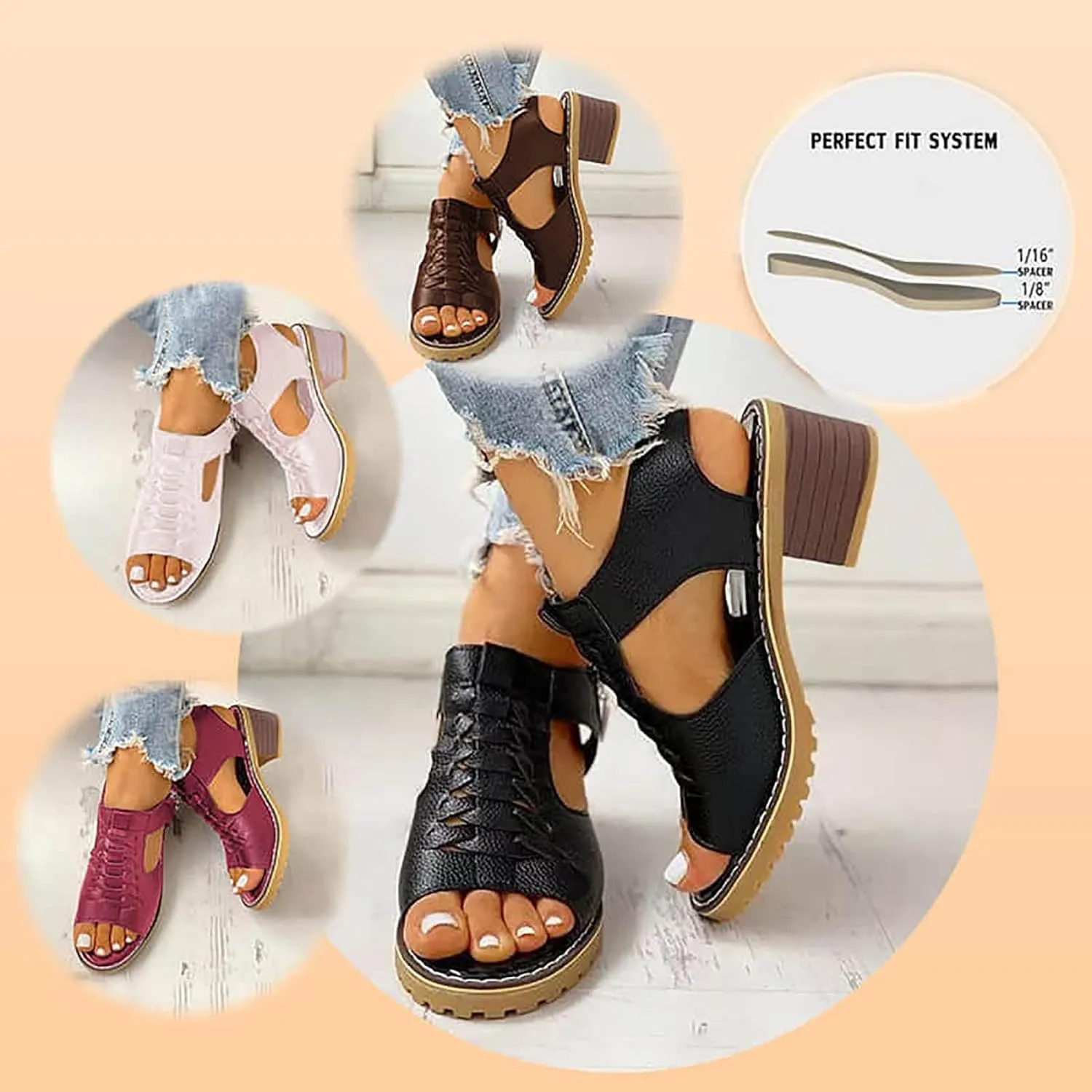 Wedges Sandals for Women Dressy 2025,Orthopedic Sandals for Women Leather Cutout Zipper Chunky Heeled Sandal Fashion Casual Chunky Heel Ankle Strap Fish Mouth Hollow Beach Heel Shoes