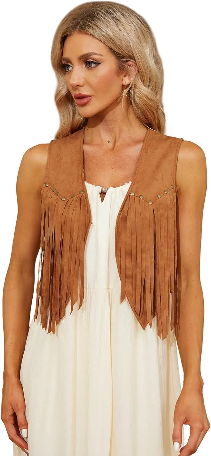 WERFORU Fringe Vest Women Faux Suede Open-Front Vintage Tassel Vest Coat Sleeveless 70s Hippie Boho Western Jacket