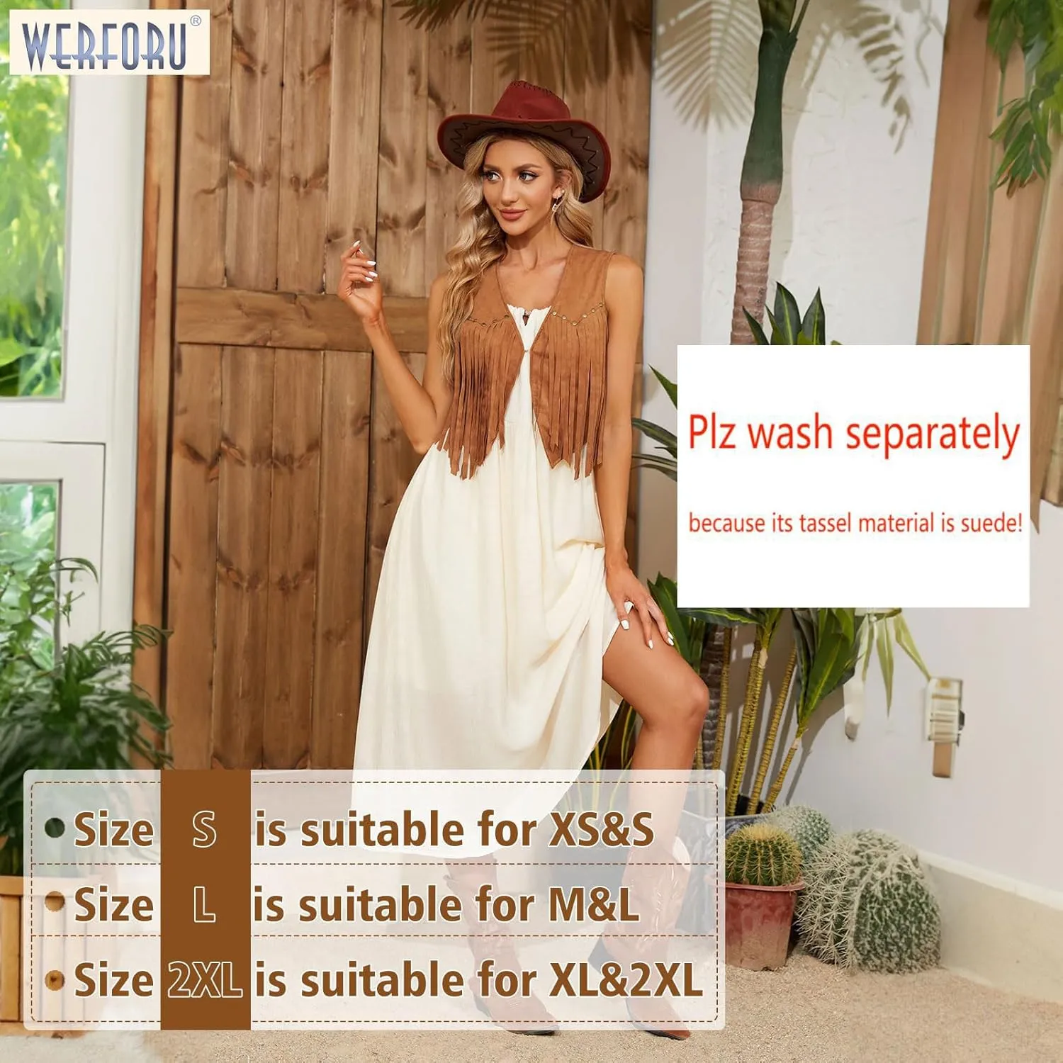 WERFORU Fringe Vest Women Faux Suede Open-Front Vintage Tassel Vest Coat Sleeveless 70s Hippie Boho Western Jacket