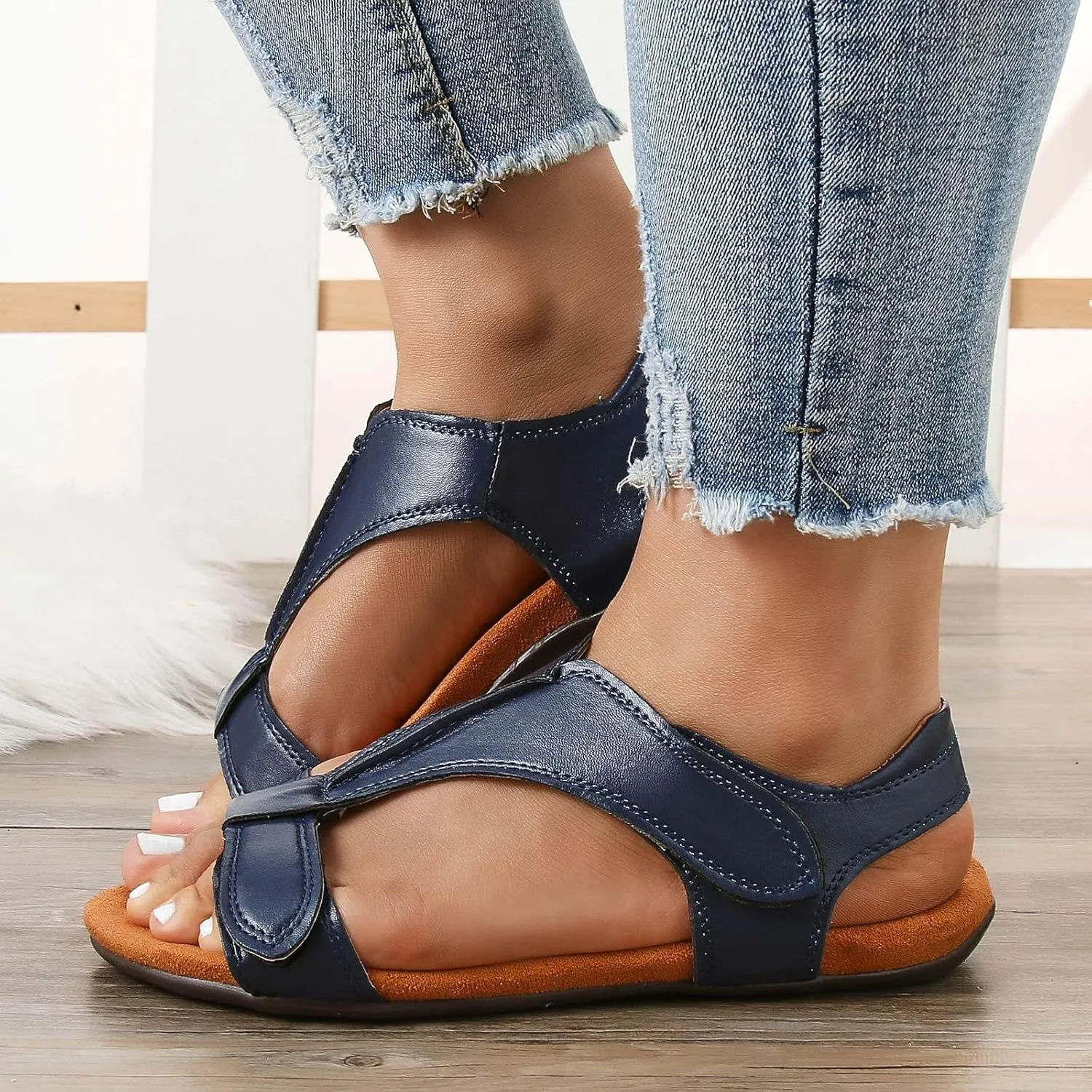 Women Comfortable Sandals Orthotic Walking Orthopedic Arch Support Comfort Cooling Adjustable Strap Walking Sandals T-Strap Open Toe Slip On Beach Flat Sandal Outdoor Going Out Comfort Shoes
