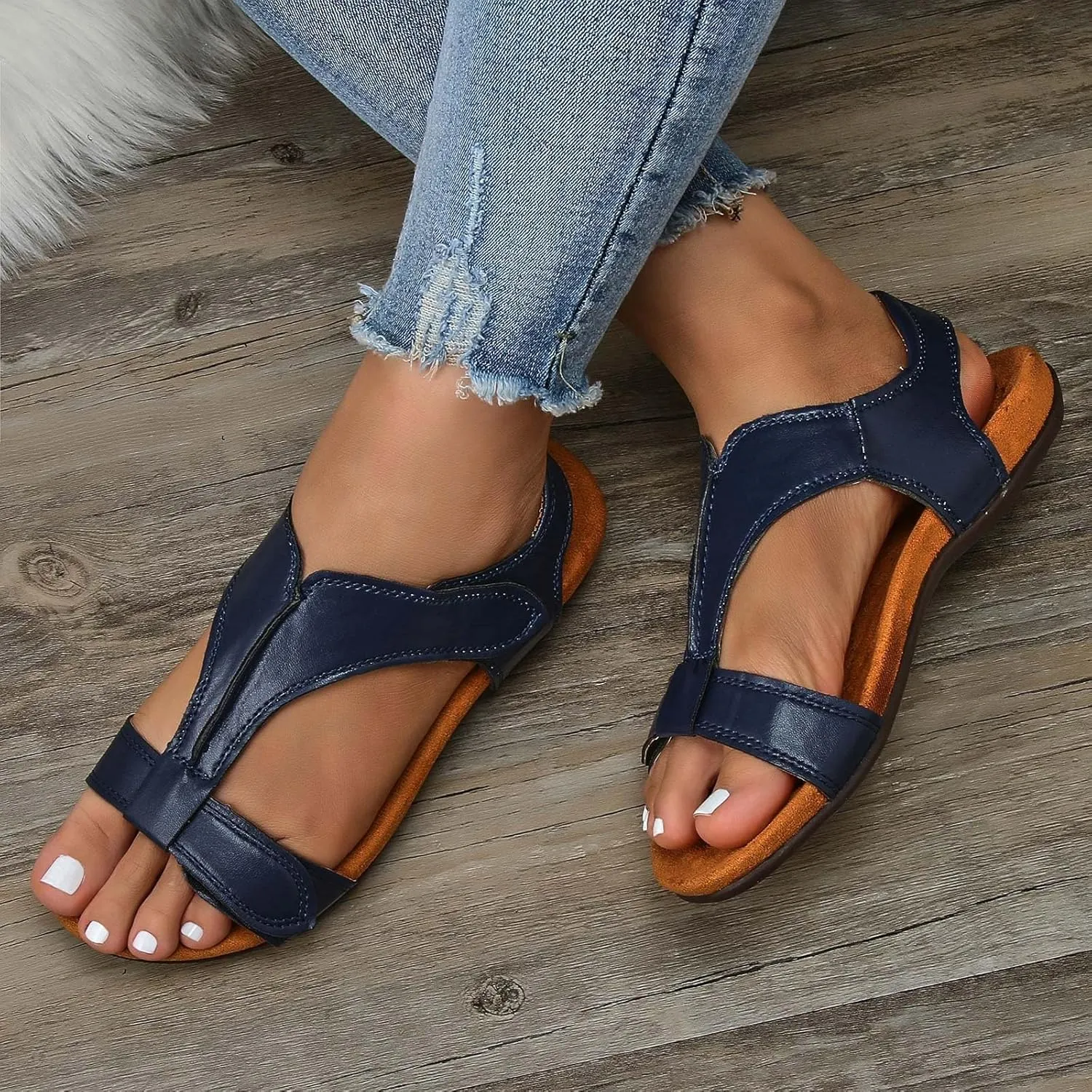 Women Comfortable Sandals Orthotic Walking Orthopedic Arch Support Comfort Cooling Adjustable Strap Walking Sandals T-Strap Open Toe Slip On Beach Flat Sandal Outdoor Going Out Comfort Shoes