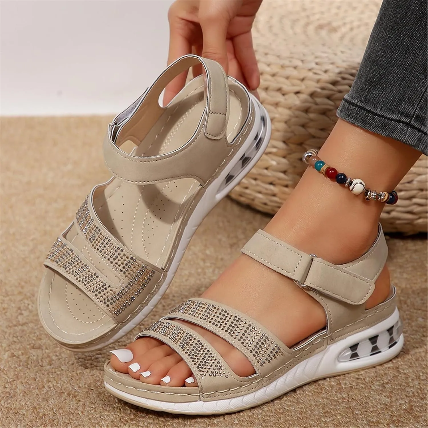 Women Comfortable Sandals Orthotic Walking Orthopedic Arch Support Wedge Sandal Summer Open Toe Flat Adjustable Double Strap Non-Slip Platform Fashion Work Office Shoes