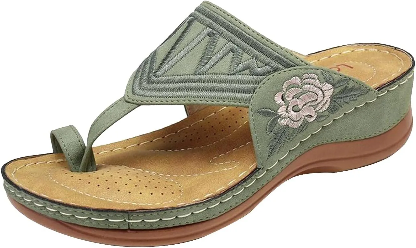 Women Comfortable Wedge Flip Flop Orthopedic Sandals Summer Casual Flower Embroidered Thong Clip Toe Slip-on Slipper Ergonomic Soles Slides Beach Shoes