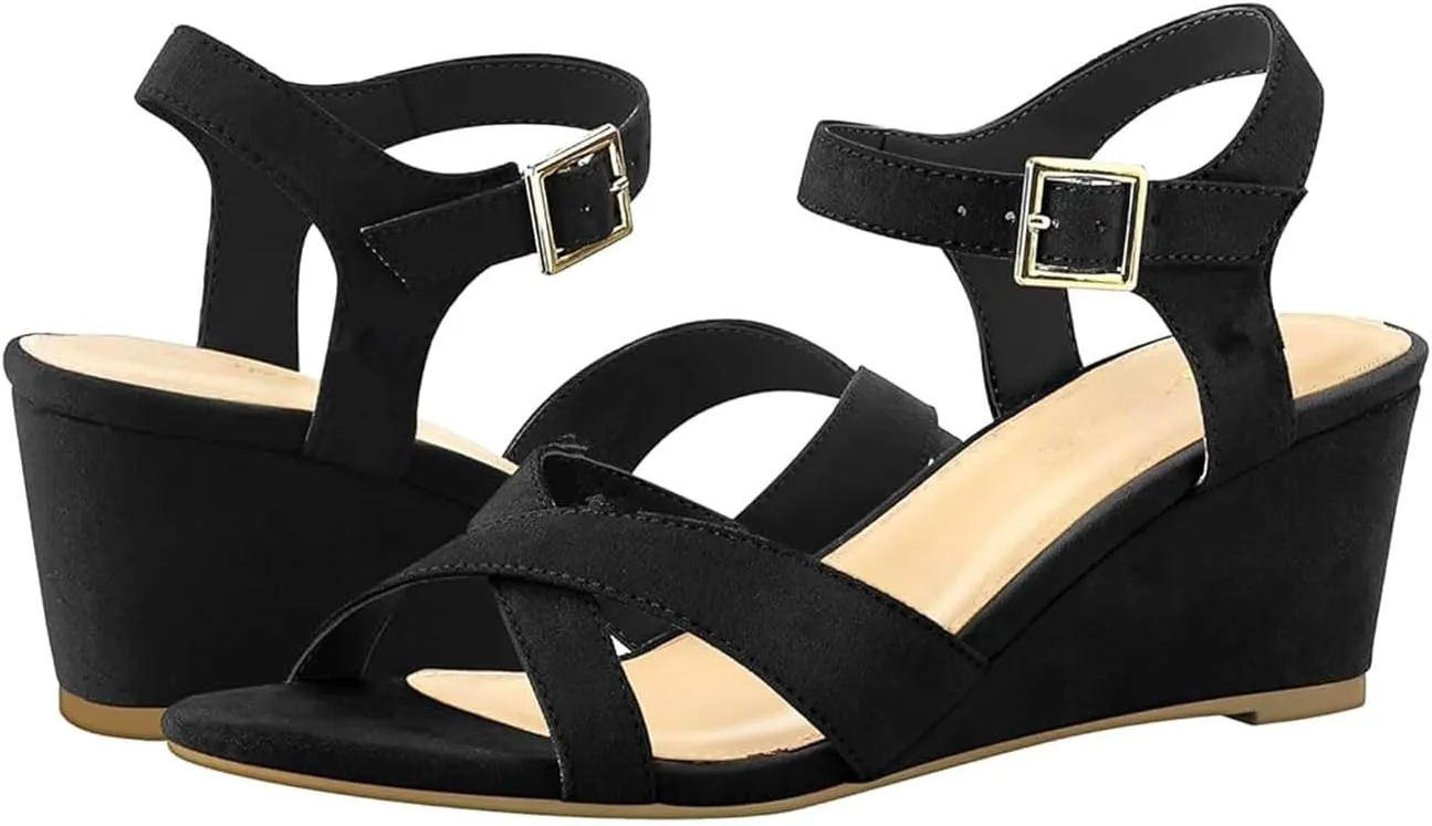 Women High Heel Wedge Sandals Dressy Casual Suede Sandal with Buckle Criss Cross Elegant Roman-Sandals Business