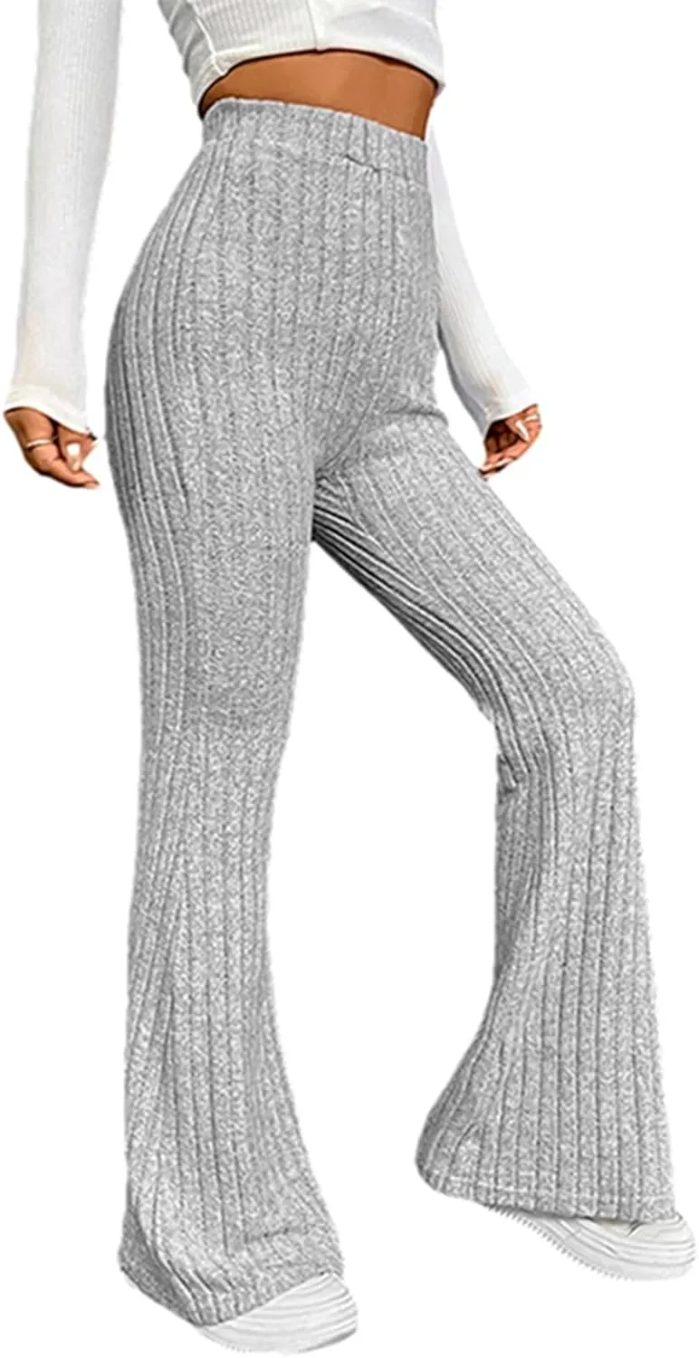 Women Knit Ribbed High Waist Flared Pants Casual Solid Color Bell Bottoms Elastic Stretchy Yoga Trousers