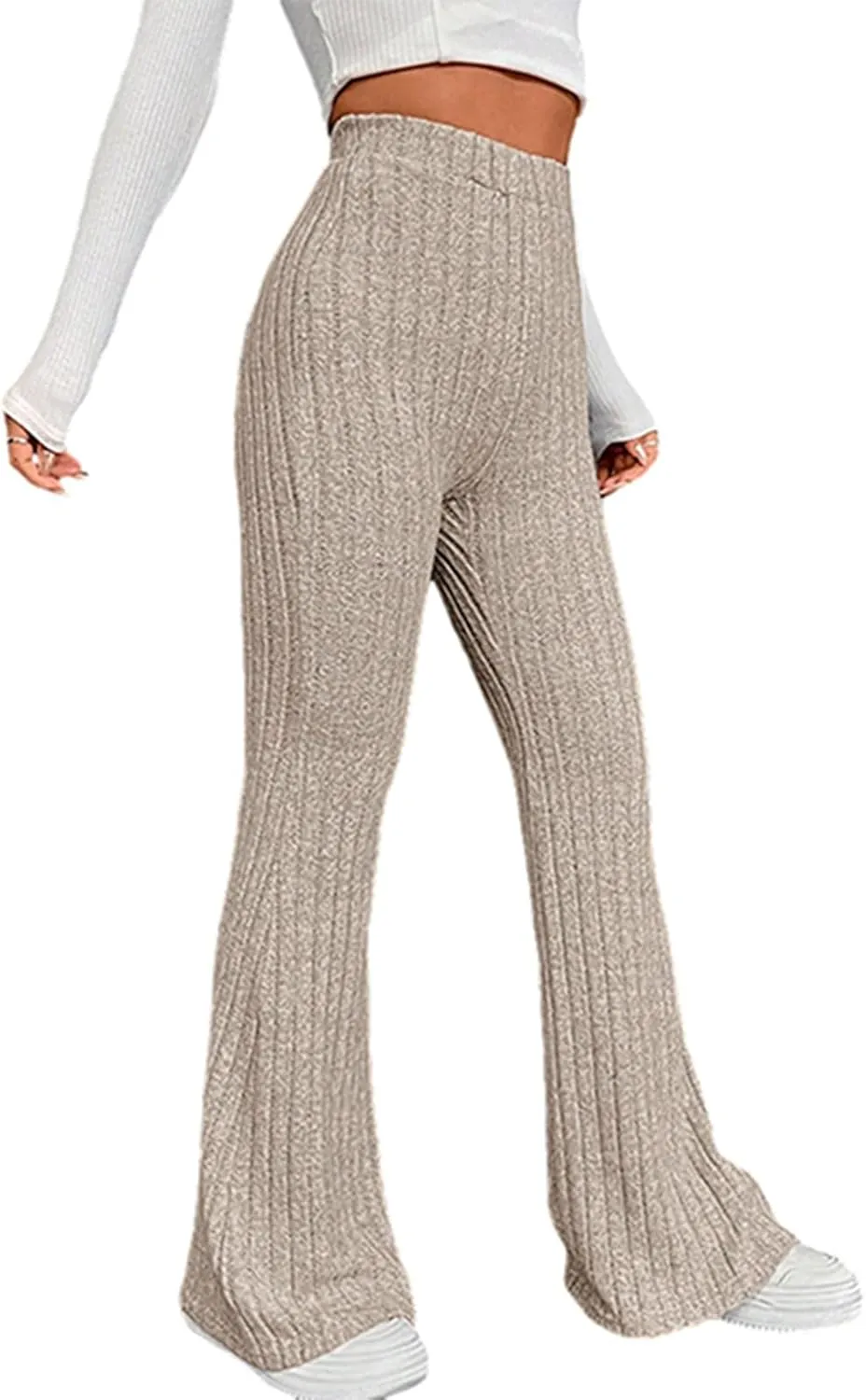 Women Knit Ribbed High Waist Flared Pants Casual Solid Color Bell Bottoms Elastic Stretchy Yoga Trousers