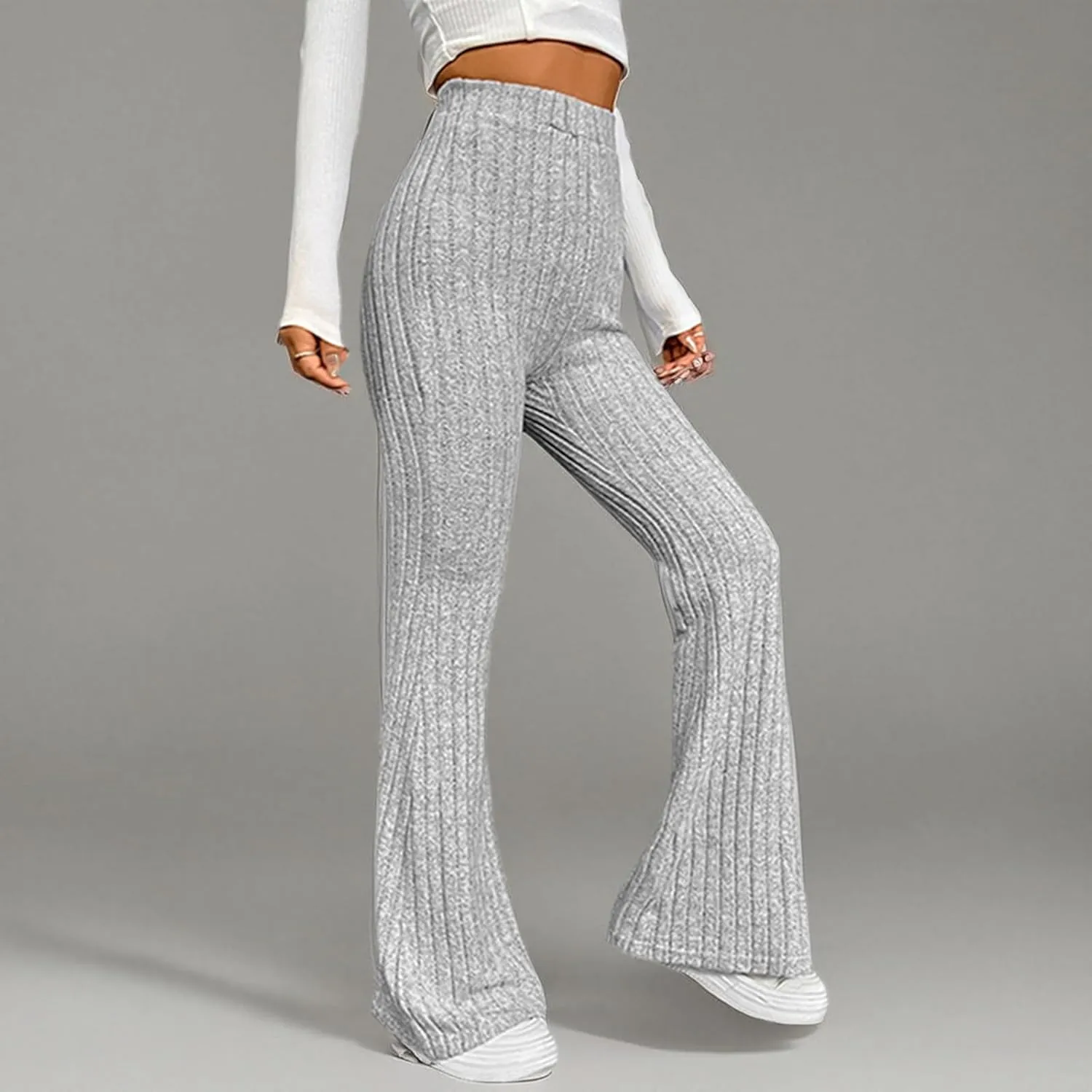 Women Knit Ribbed High Waist Flared Pants Casual Solid Color Bell Bottoms Elastic Stretchy Yoga Trousers