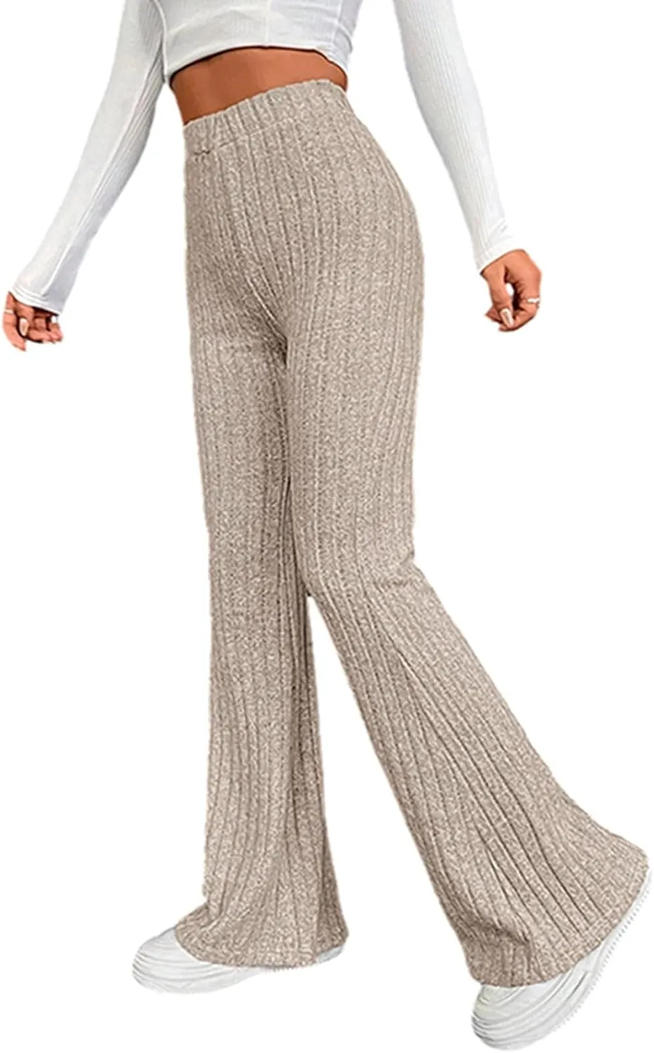 Women Knit Ribbed High Waist Flared Pants Casual Solid Color Bell Bottoms Elastic Stretchy Yoga Trousers